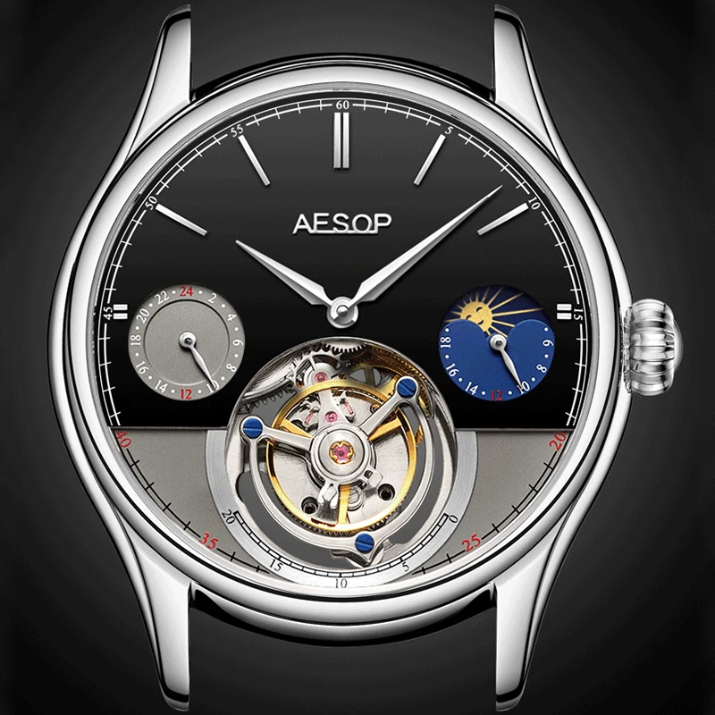 Aesop Multifunctional Original Real Tourbillon Movement Stainless Steel Black And White Plate Waterproof Mechanical Watch 7023 A