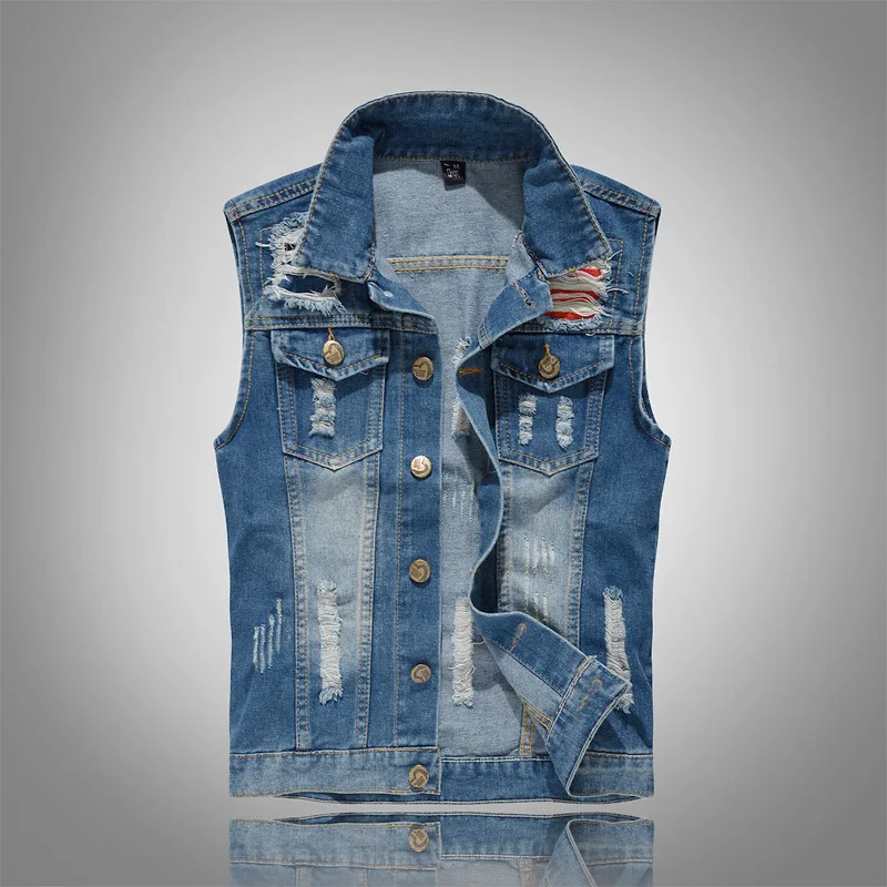 New 2022 Denim Vest Men Punk Rock Make old holes Cowboy Black Jeans Waistcoat Fashion Men Motorcycle Style Sleeveless Jeans Jack