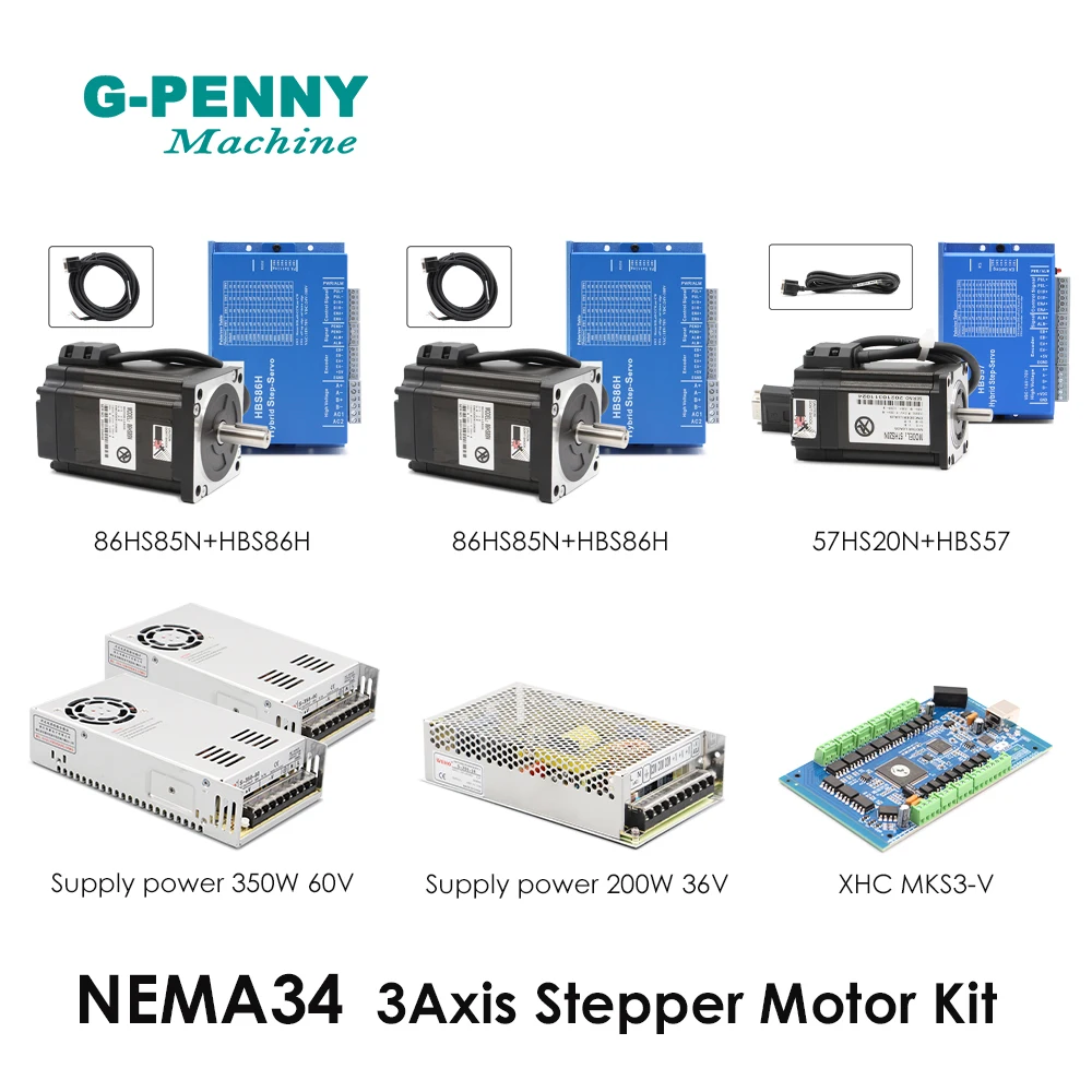 G-PENNY Nema34/23 3Axis CNC controller kit 86*85 57*20 closed loop motor+MKS/XHC/ET/DDCSV3.1 Controller+Power 350W60V+200W36V