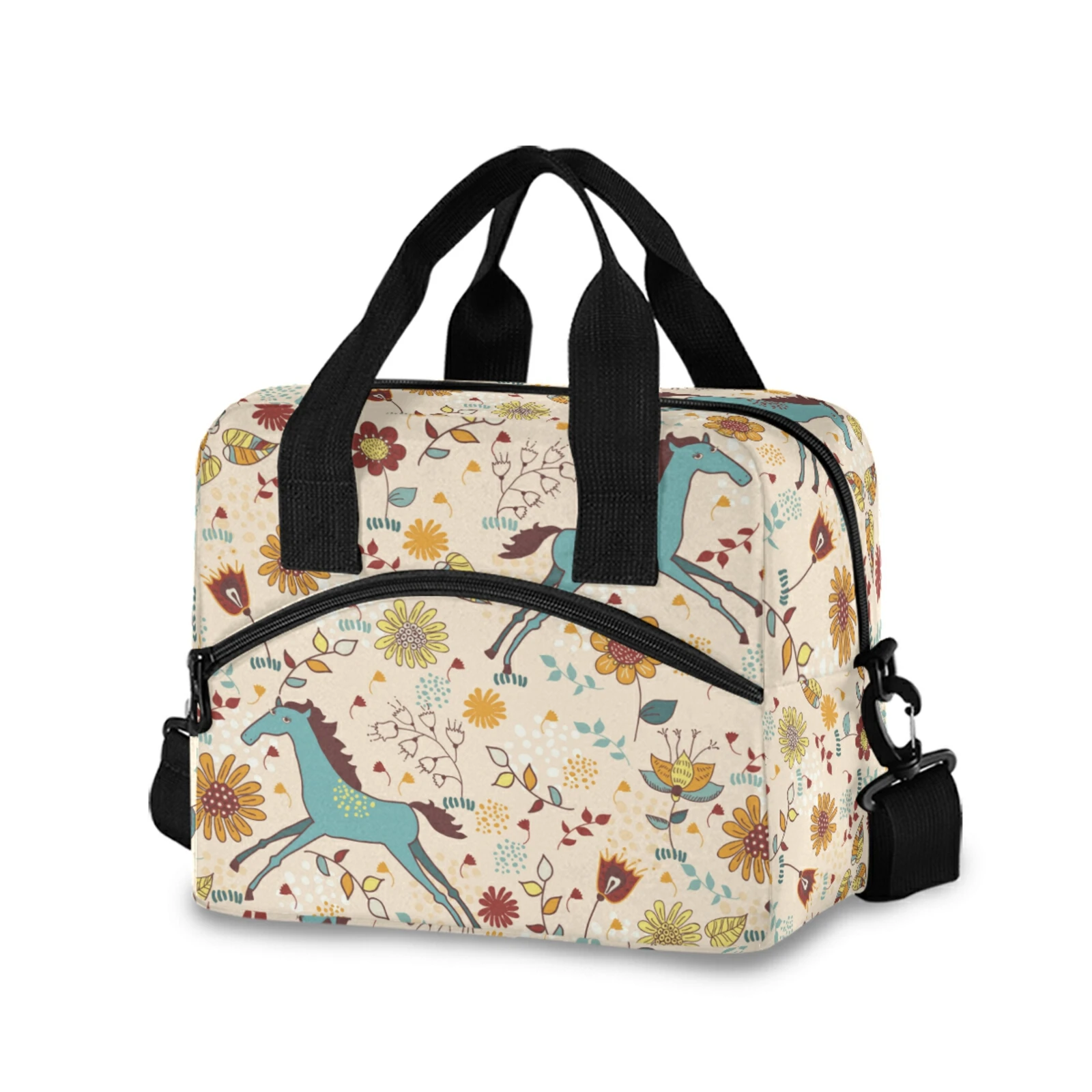 High-Capacity Food Thermal Lunch Box Bag Durable Horse Print Office Cooler Lunchbox Organizer School Insulated Case With Strap