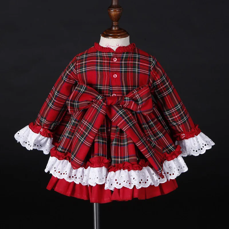 3PCS Baby Girl Autumn Winter Plaid Vintage Spanish Pompom Ball Princess Dress Cotton Lolita Party Clothes Hat Pants