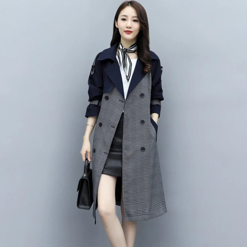 

Autumn Women Long Trench Coat New Fashion Stitching Grid Mid Long Outerwear Belt Double-breasted Windbreakers Female Basic Coats