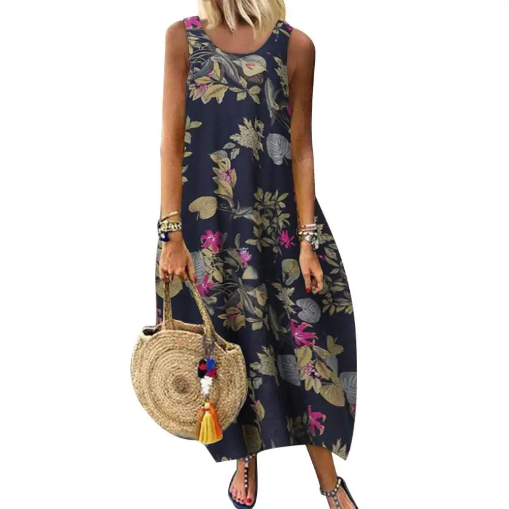 Summer Dresses for Women 2021 Casual Sleeveless O Neck Vintage Leaves Floral Print Cotton Linen Loose Long Dress Sets Beach