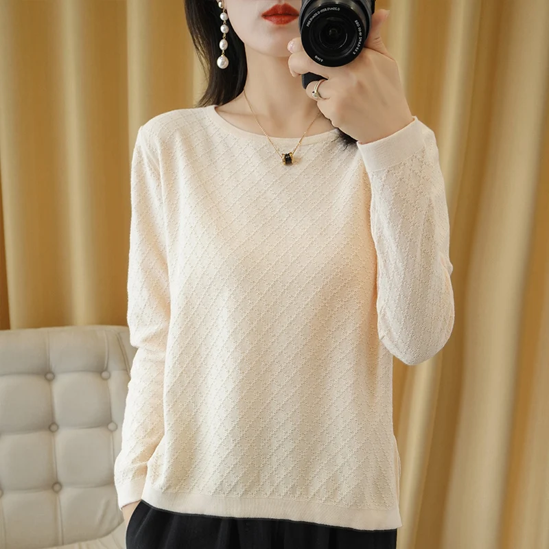 Tailor sheep cotton knit sweater women\'s o-neck long-sleeved knit pullover short split openwork sweater