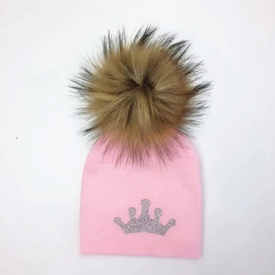 children's hat cap baby infant toddler prince crown diamond embroidery raccoon Faux Fur  pom pom beanie for girl and boys skull