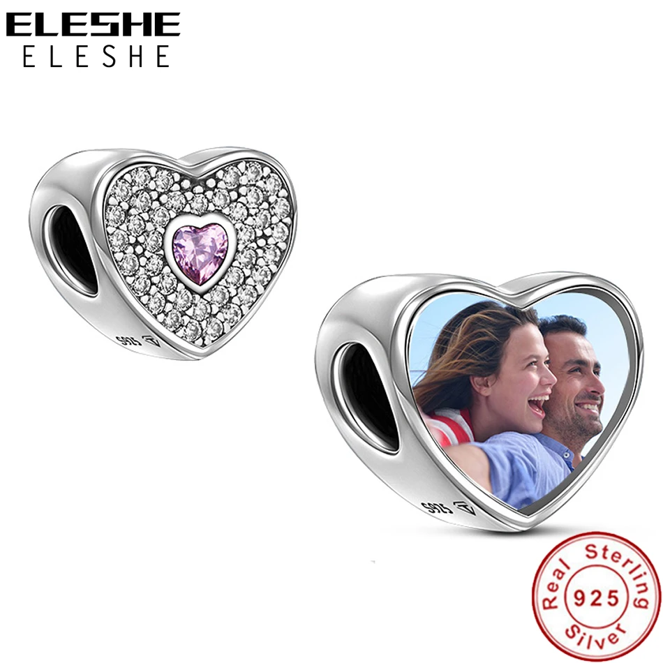 

ELESHE Personalized Custom Photo 925 Sterling Silver Crystal Heart Charms Beads Fit Original Bracelet Bangle DIY Jewelry