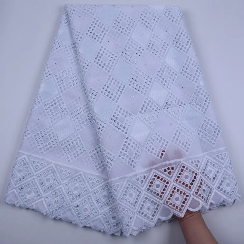 

White Design African Dry Laces Fabrics High Quality Punched Cotton Lace Fabric With Stones Swiss Voile Lace In Switzerland S1754