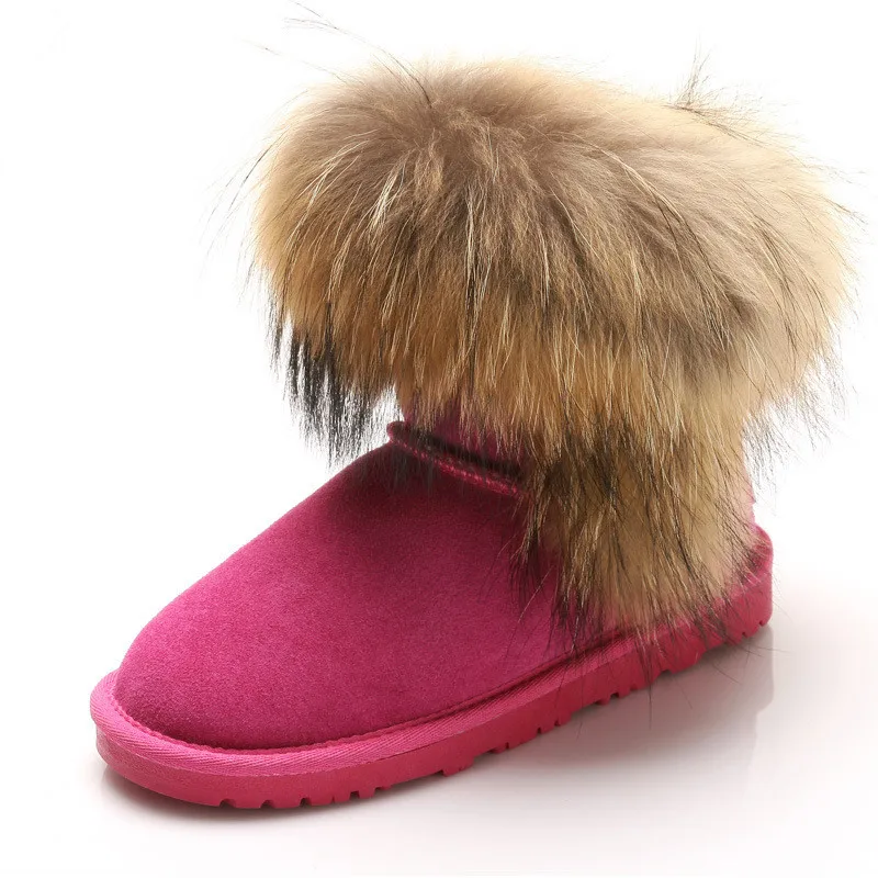 Genuine Leather Thick Plush Inside Snow Boots Fox Fur 2023 Warm Women Snow Boots Woman Flats Snow Boots Women Winter Boots