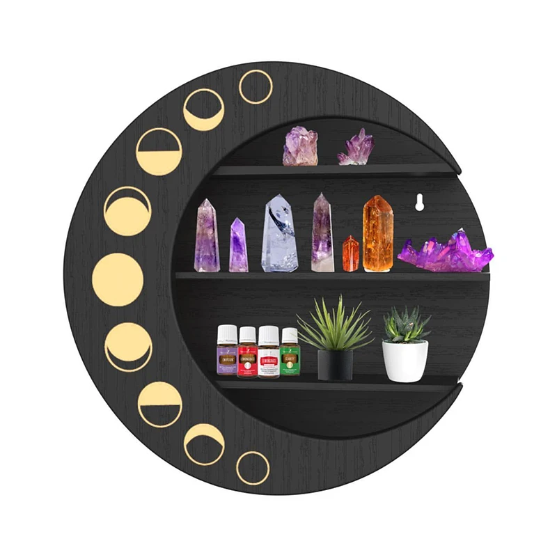 Wooden Moon Phase Crystal Wall Shelf Floating Hanging Storage Holder Indoor Home Decorations Simple Art Flower Pot Storage Rack