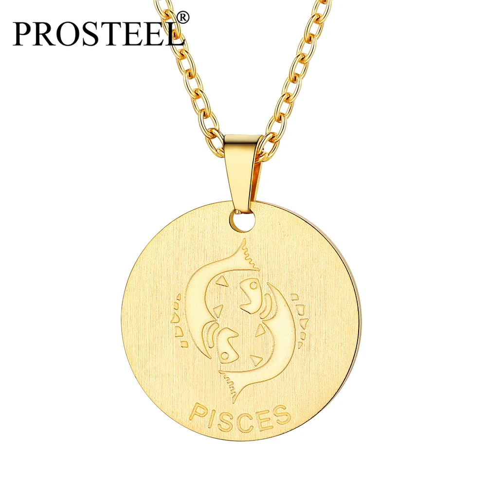 

PROSTEEL Zodiac Star Sign Coin Necklace 18K Gold/Black/Stainless Steel Constellation Pendant Men Women Jewelry Birthday Gift