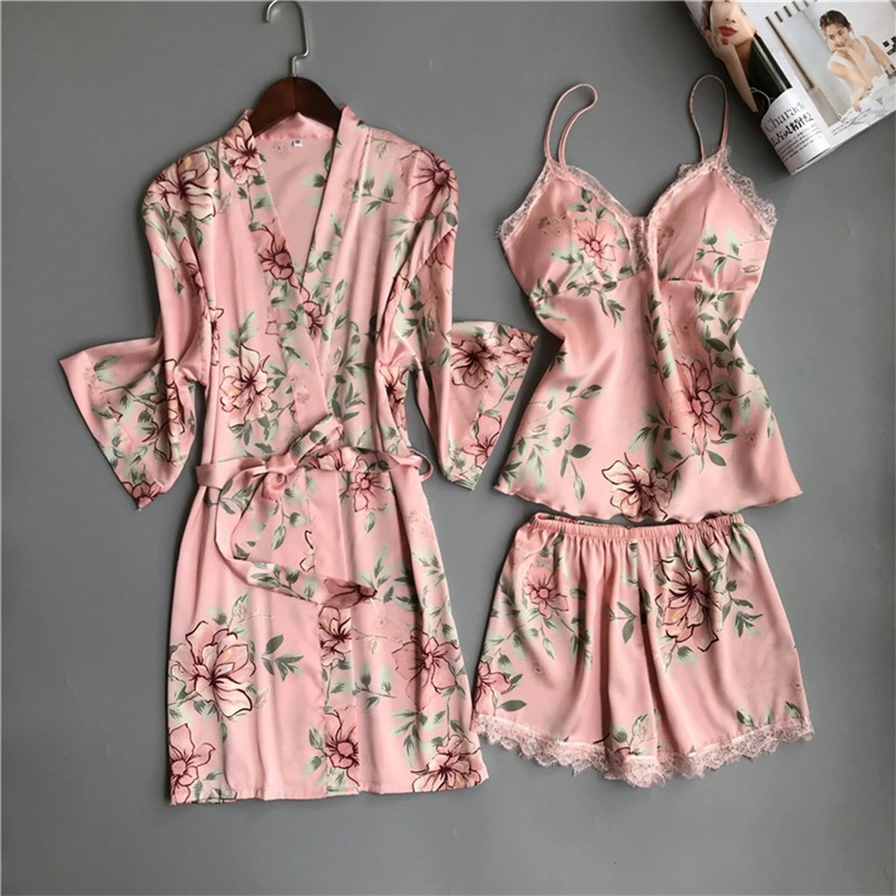 Sexy Women Pajama Set Print Lace Pijamas Kimono Bathrobe+Sleep Tops+Shorts Stain Casual Nightwear Sleepwear Mujer Plus Size