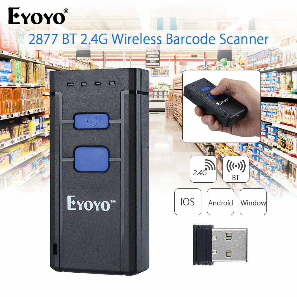 Eyoyo Wireless Bluetooth 1D Barcode Scanner Mini Laser Code Reader 2.4G Wireless & Wired Pocket Bar Code Gun IOS Android Windows