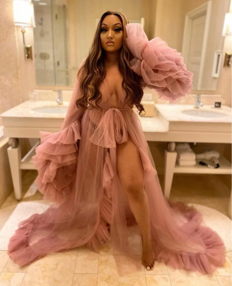 

Sexy Blush Pink See Thru Maternity Dress for Photo Shoot Props Puffy Maternity Gowns Photography Costume Prom Wear Bathrobe