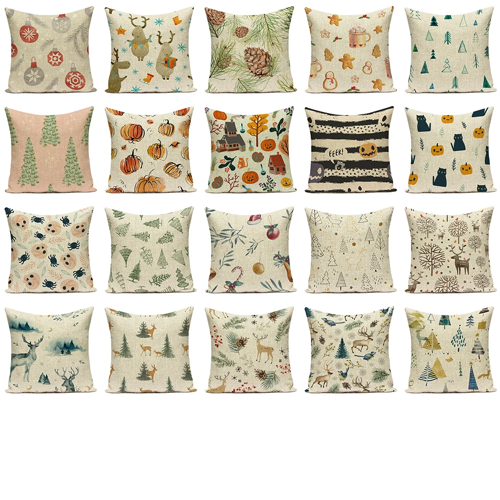 Cartoon Animal Style Christmas Reindeer Sofa Cushions Case Pine Cones Poszewka na poduszkę Cat and Pumpkin Pattern Home Room Pillowcase