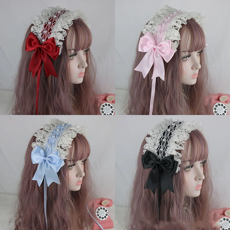 Cosplay Anime Lolita Kawaii orecchie di gatto fiocco in pizzo fascia KC fascia per capelli Anime ragazza carina cameriera copricapo accessori per capelli avvolgere la testa