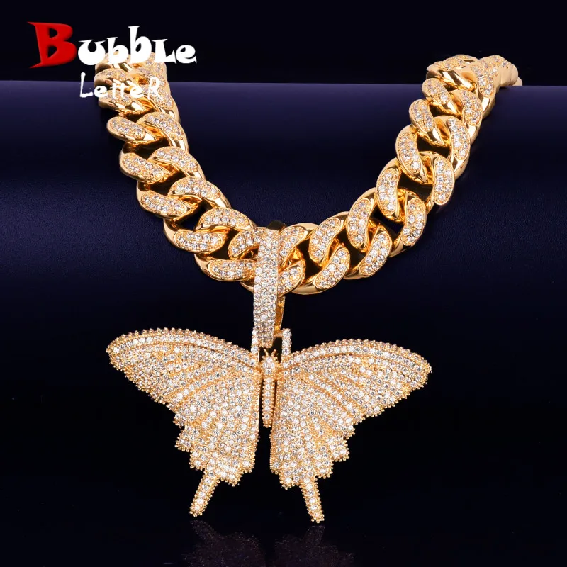 

Butterfly Pendant Gold Color Plated Necklace Bling AAA Zircon Men's Hip Hop Jewelry