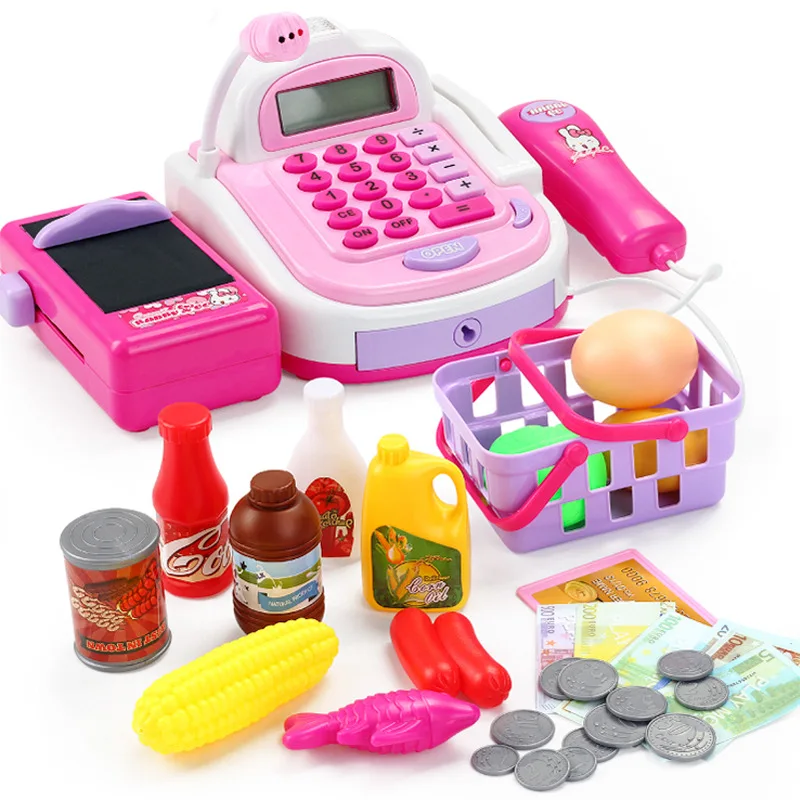 Mini Supermercado Cash Register Toy, Electronic Pretend Play, Caixa registradora de plástico, Kit de máquina registradora, 46 Pcs/Lot