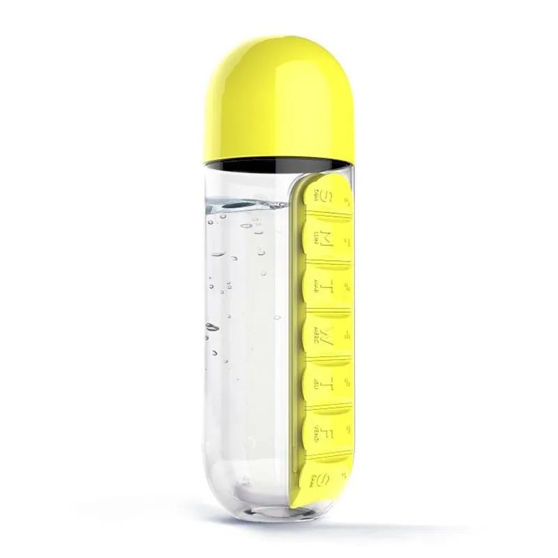 Medical Pill Box with Drinking Bottle, Outdoor Travel Water Bottle, Portable Tablet, 7 Compartments, 600ml, 2 in 1