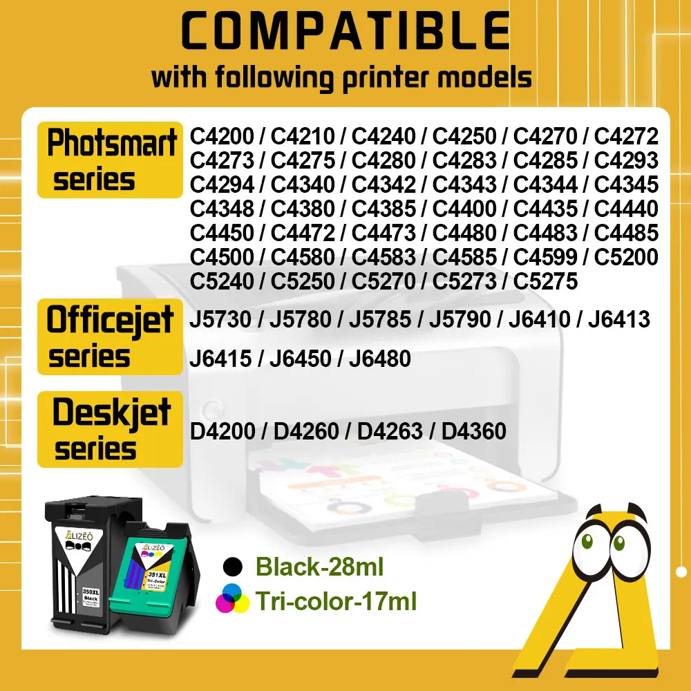 Alizeo 350XL 351XL Ink cartridges For HP 350 351 HP350 Compatible Photsmart C4294 C4340 C4344 C4435 C4440 C4472 C4473 Printer