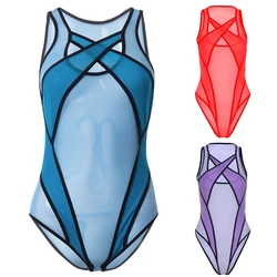 Women Summer Sleeveless See-Through Mesh Bodysuit Hollow Out Criss Cross Halter Leotard Solid Color Bodycon Lingerie Bikini