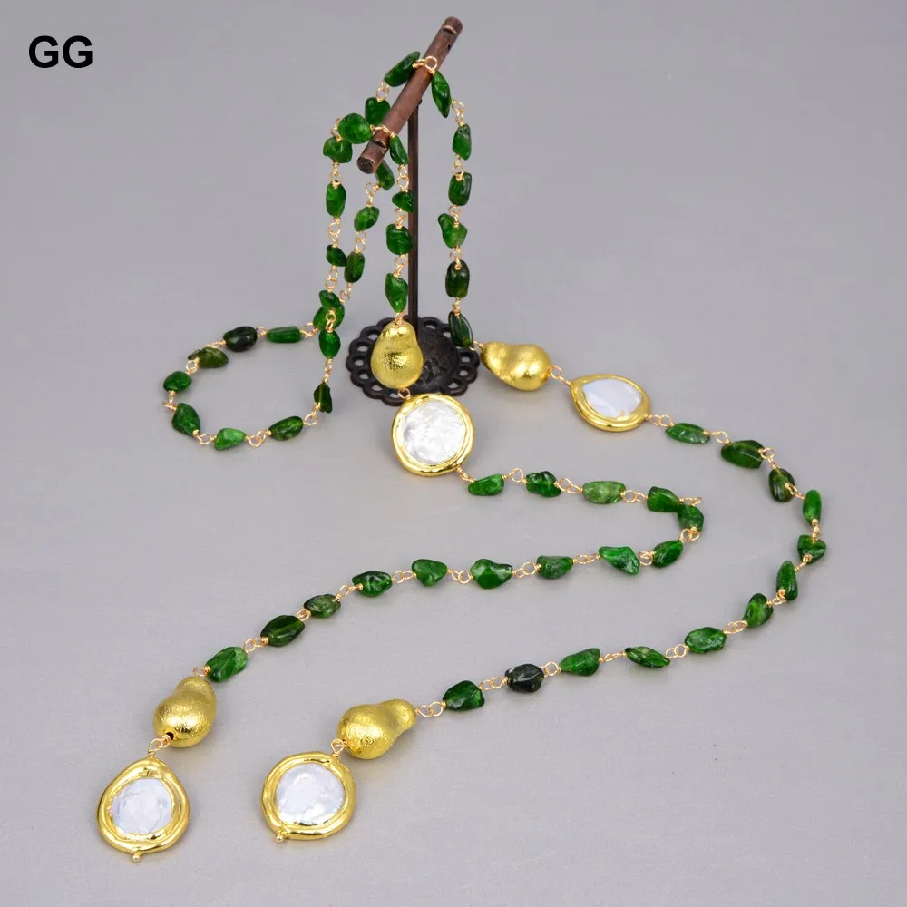 GG Natural Green Diopside Cultured White Coin Pearl Gold Plated Long Necklace 41