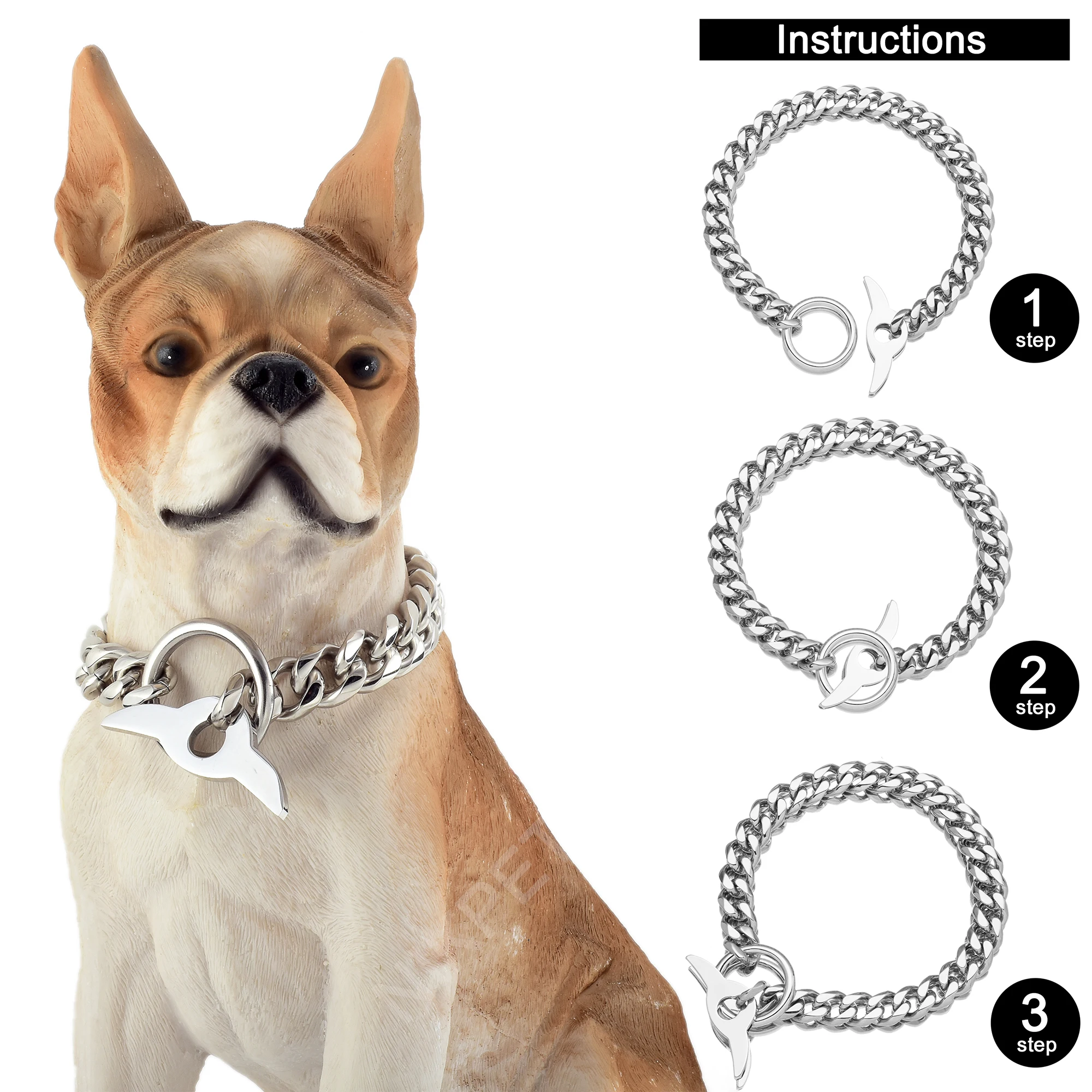 Dog Choke Silver Color Cuban Link Chain 10MM Strong Heavy Duty Chew Proof Adjustable Training Walking Collar with Toggle Clasp