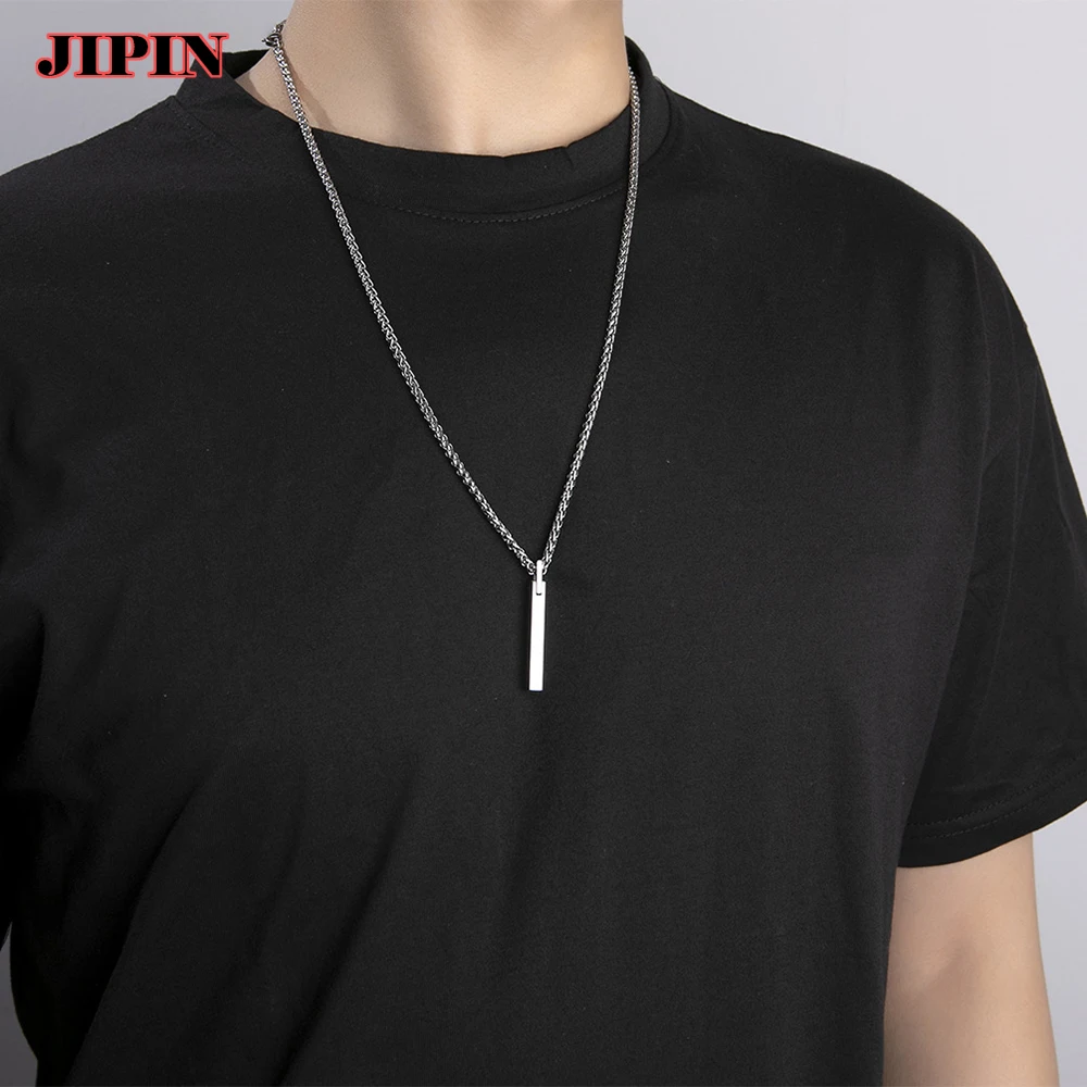 Black Blue Geometric Rectangle Pendant Necklace For Men Tungsten Steel Necklaces Anniversary Male Jewelry Gift 24Inch Chain