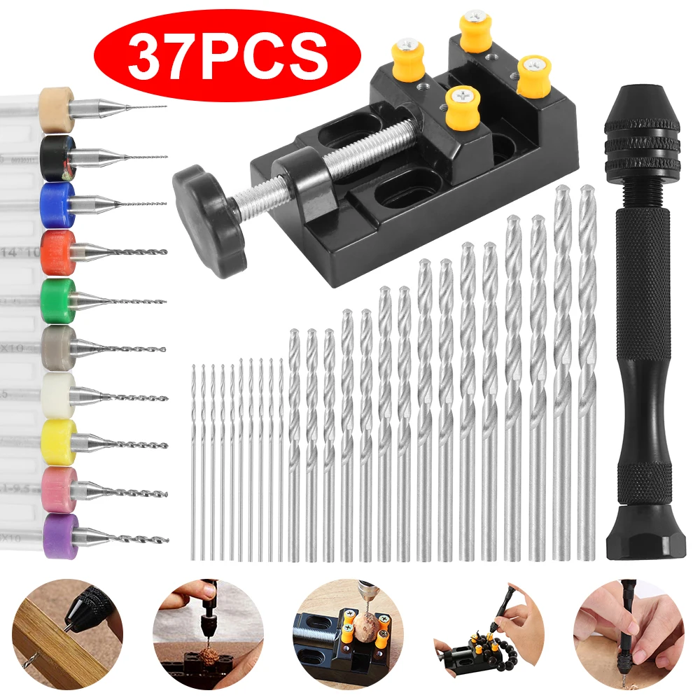 37pcs Twist Drill Bits Set Pin Vise Woodworking Hand Drill for Model Resin Jewelry Walnut Amber Beeswax Drill Bits for Metal