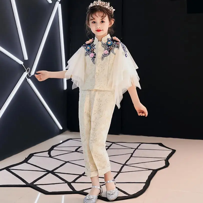 Luxury Girls Blazers Suit Lace Embroidery beading Kids Pageant Gown Birthday Costume Appliques Fashion Evening Dress Sets L47