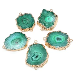 Natural Stone Green Agates Druzy Pendant Irregular Quartz Double Hole Connector Charms for Jewelry Making DIY Bracelet Necklace