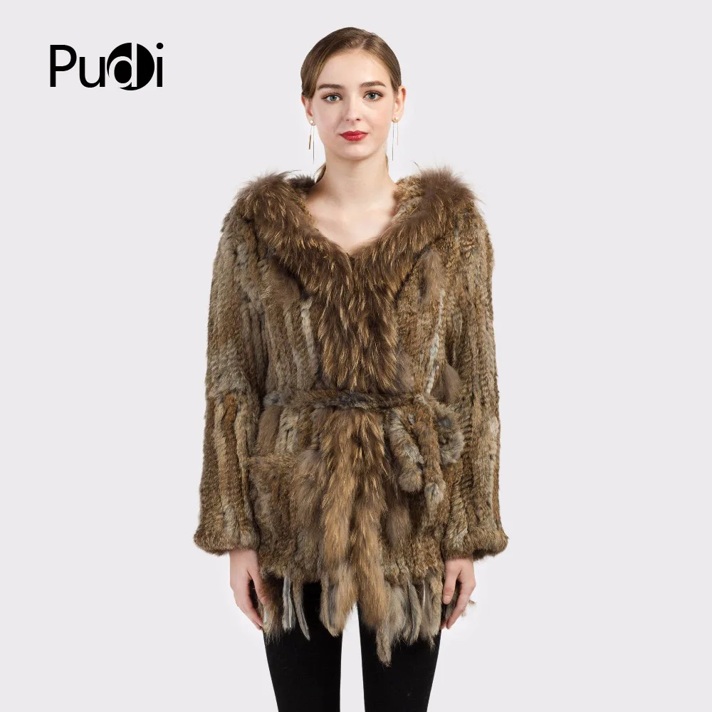 

CR079 Real Rabbit Fur Coat/ Jacket/ Outware With Hood Women Belt Long With Tassels Winter Jacket Women