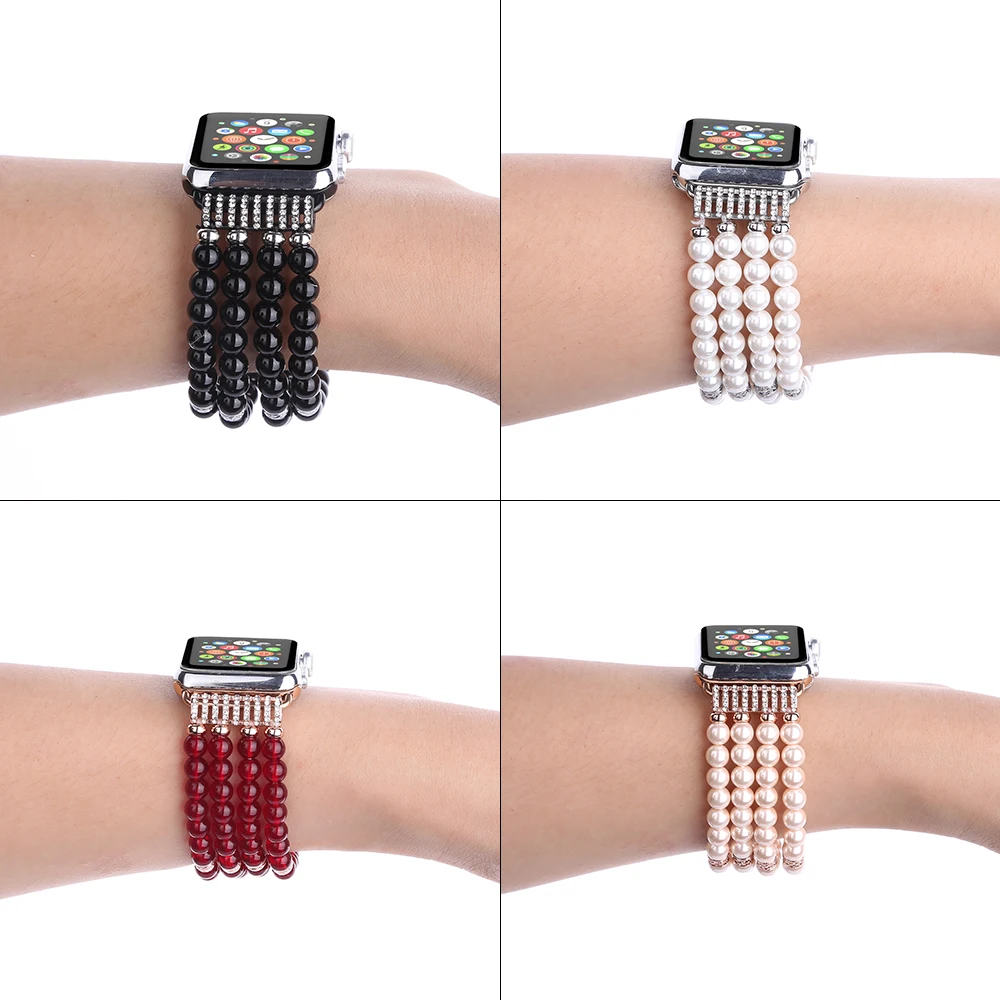 Black Pearl Bracelet Replacement for Apple iWatch Strap Series 5/4/3/2/1 Watch Band Handmade Beaded Elastic Stretch Women Girls