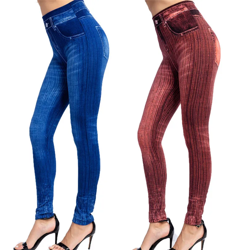 Yrrety calças de treino feminino elástico yoga fitness esportes sem costura leggings falso denim jeans listra cintura alta empurrar para cima calças