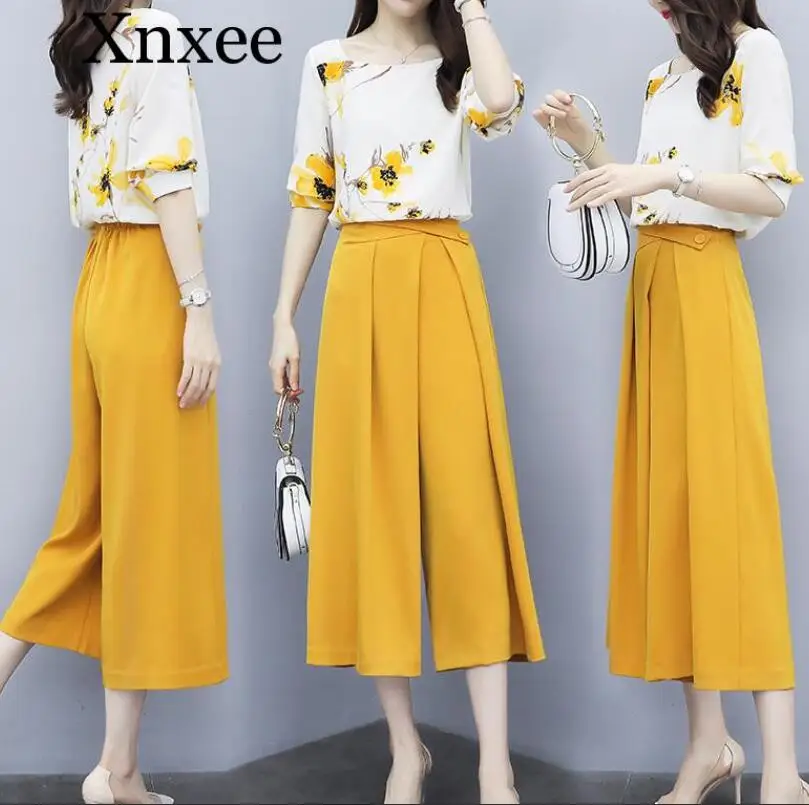 

Yellow Summer Chiffon Two Piece Sets Outfits Women Printed Blouses And Wide Leg Pants Suits Office Elegant 2 Piece Set