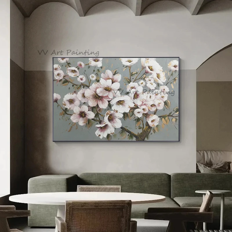 New Arrival Hand Painted Magnolia Flowers Oil Painting Gold Foil Textured Flora Contemporary Original Large Canvas Artwork