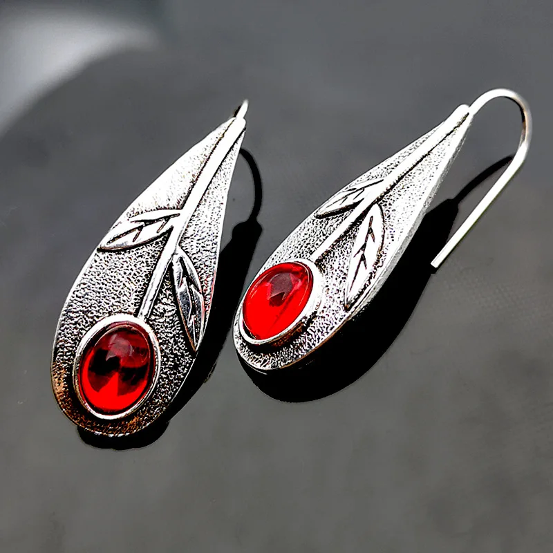 Vintage Pendientes Metal Antique Silver Leaf Drop Earrings For Women Boho Brincos Ethnic Red Resin Stone Earings Oorbellen Gifts