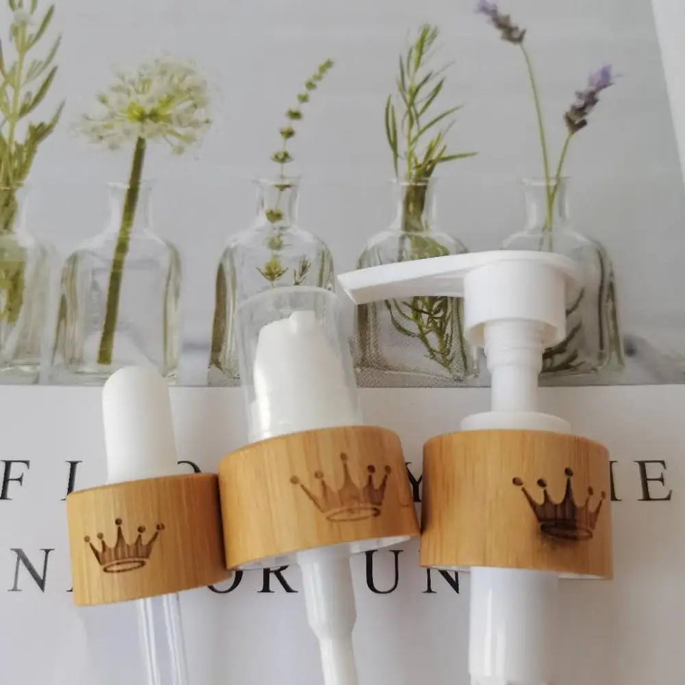 

24/410 Engraving logo frosted glass bottle pump cap bamboo cosmetic packaging pump sprayer wood screw cap