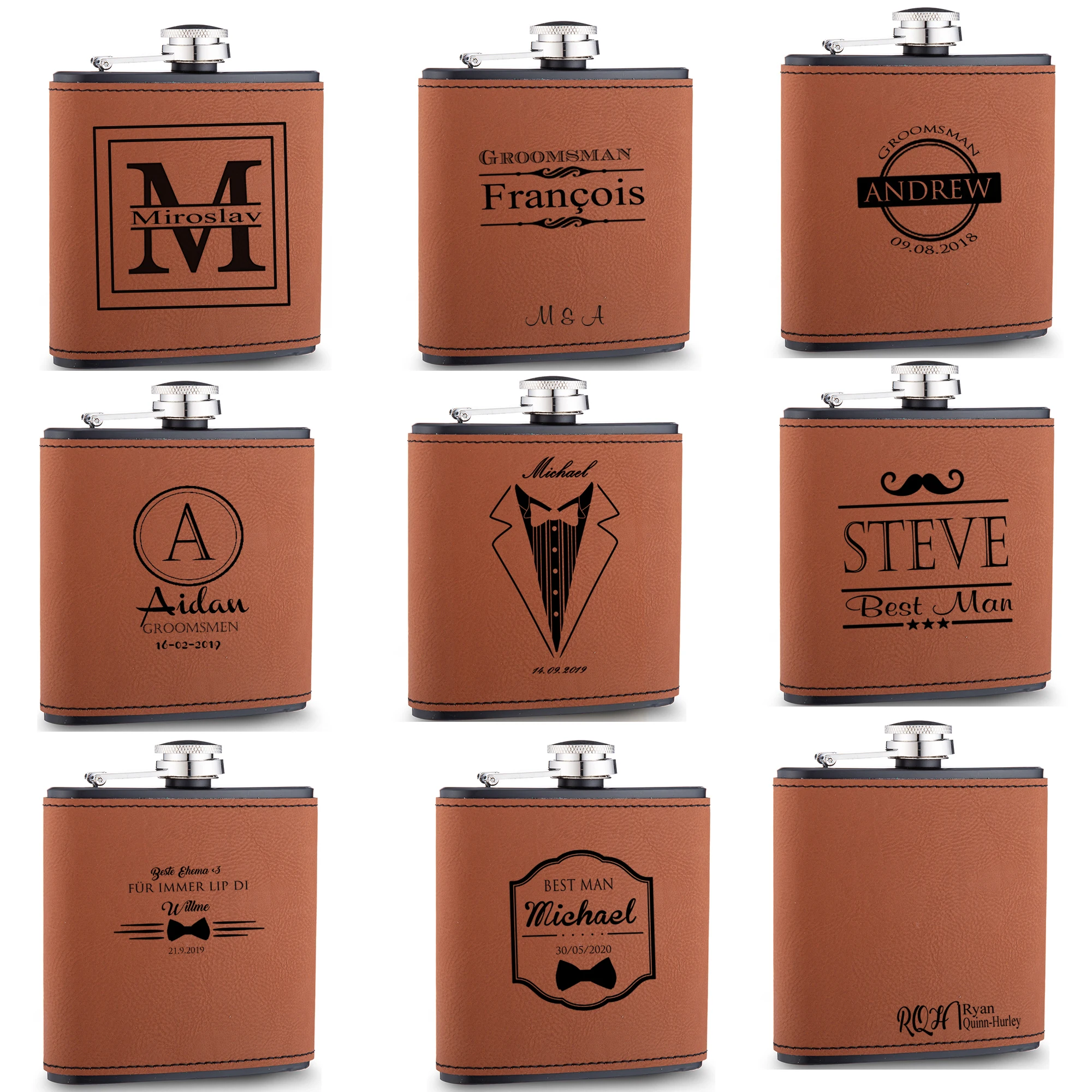 Personalized Engraved 6oz Leather Hip Flask Stainless Steel Wedding Gift Customized Groom Groomsman Party Favors