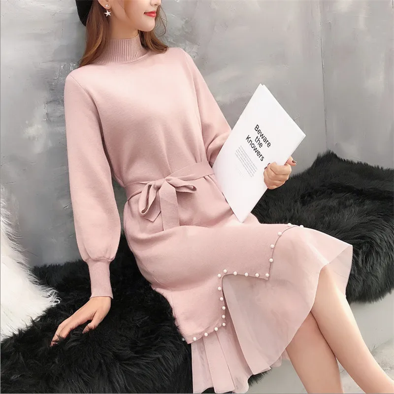 

Women Winter Sweater Dress Long Koran Version Of The Bottom Skirt Knitted Turtleneck Beading Ham Lace