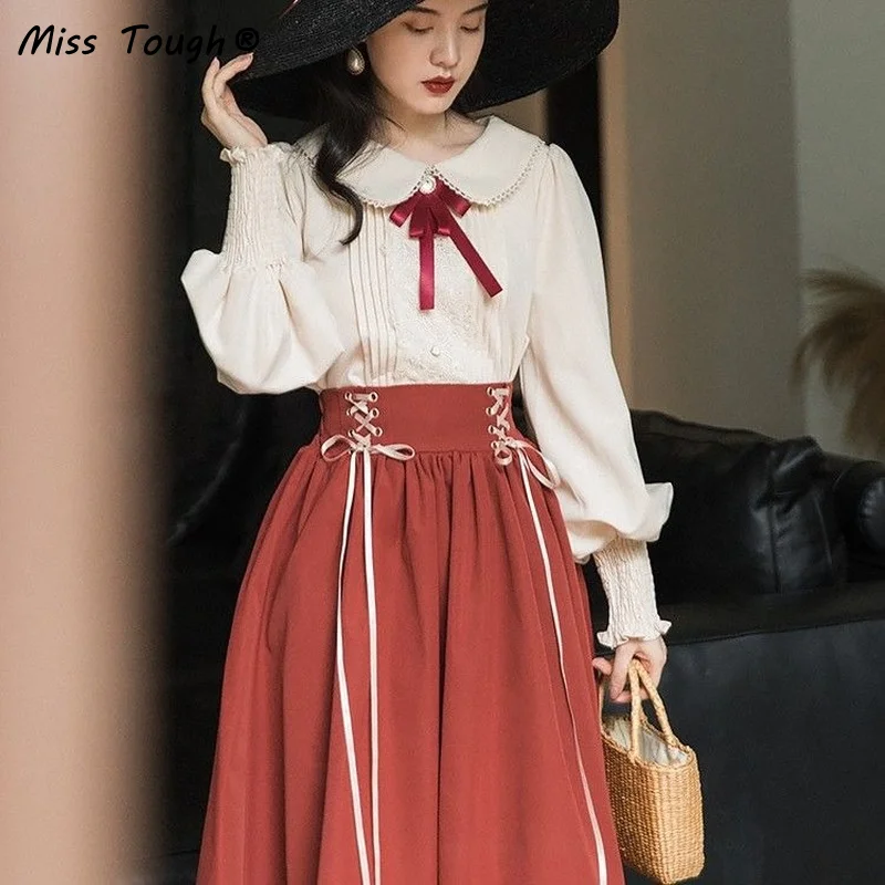 Winter Vintage Two Piece Set Women Lace Patchwork Elegant Party Skirt Suits Female Sweet Korean Bow Ribbon Designer Set 2023