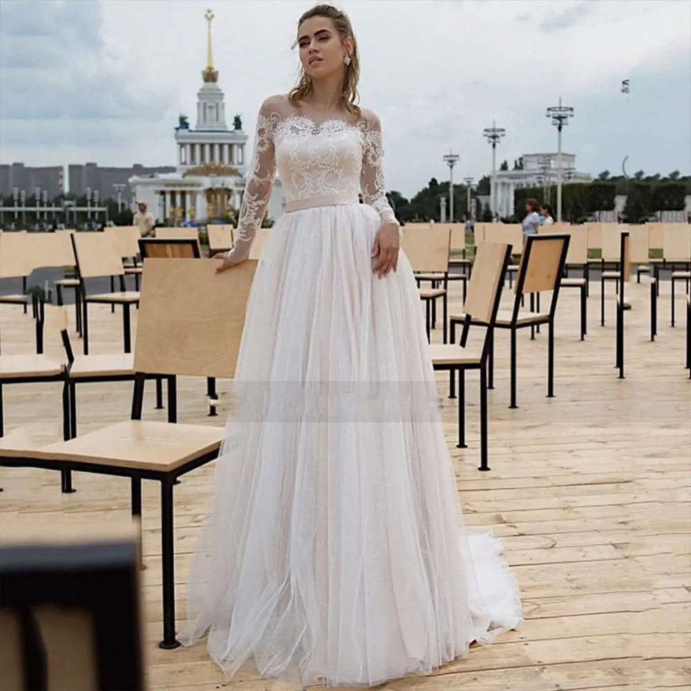 Tulle  Long Sleeve Wedding Dress 2021 Lace Boho Bride Dresses  Princess A Line Vintage Wedding Gowns Buttons Vestido de Noiva