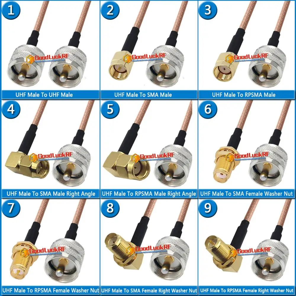 

Kit Set PL259 SO239 UHF Male to UHF SMA RPSMA Male & Female Right Angle Washer Bulkhead Mount Nut Pigtail Jumper RG316 Cable