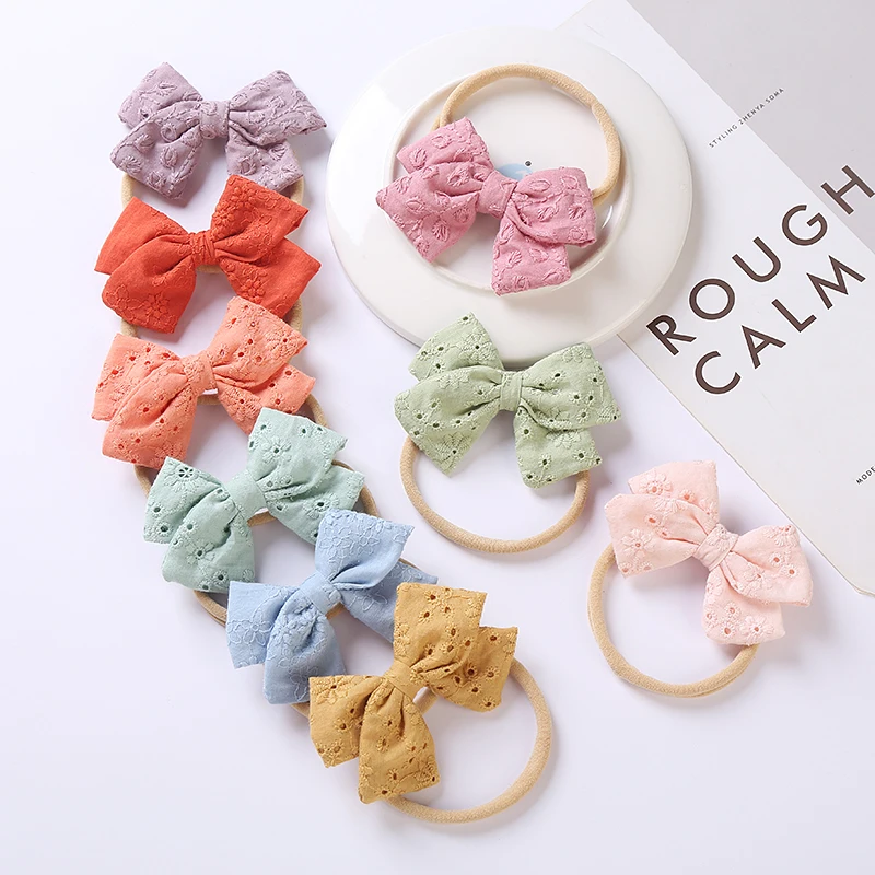 Cute Baby Girl Headbands Embroidery Cotton Linen Bow Hairbands for Children Jacquard kids Accessories Newborn Hair Bows 3 inches