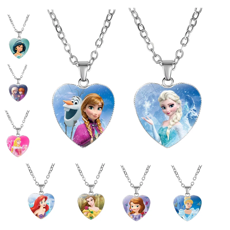 Disney Frozen 2 Necklace Anime Chrildren's Cartoon Elsa Princess Anna Heart Shaped Figure Pendant Girl Accessories Kids Gifts