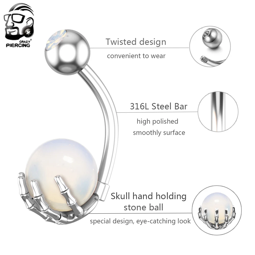 Punk Opalite Navel Piercing Ombligo Skeleton Hand Holding Stone Ball Belly Button Rings 14g Steel Body Jewelry Women Men Oreja