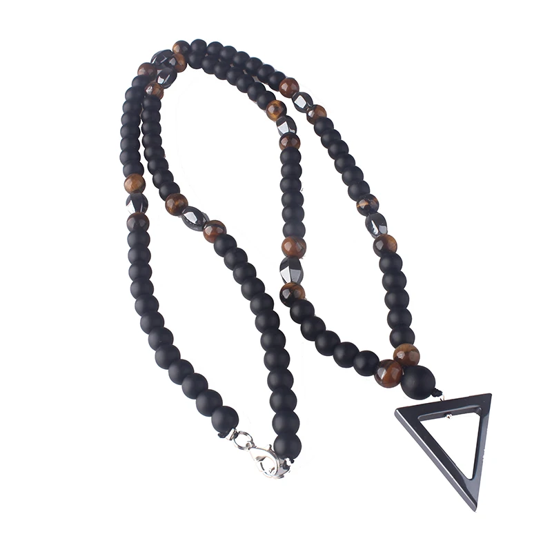 Retro Black Long Necklace Tiger-Eye Stone Beads with Triangle Pendant for Men and Women Natural Jewelry Fashion Gift