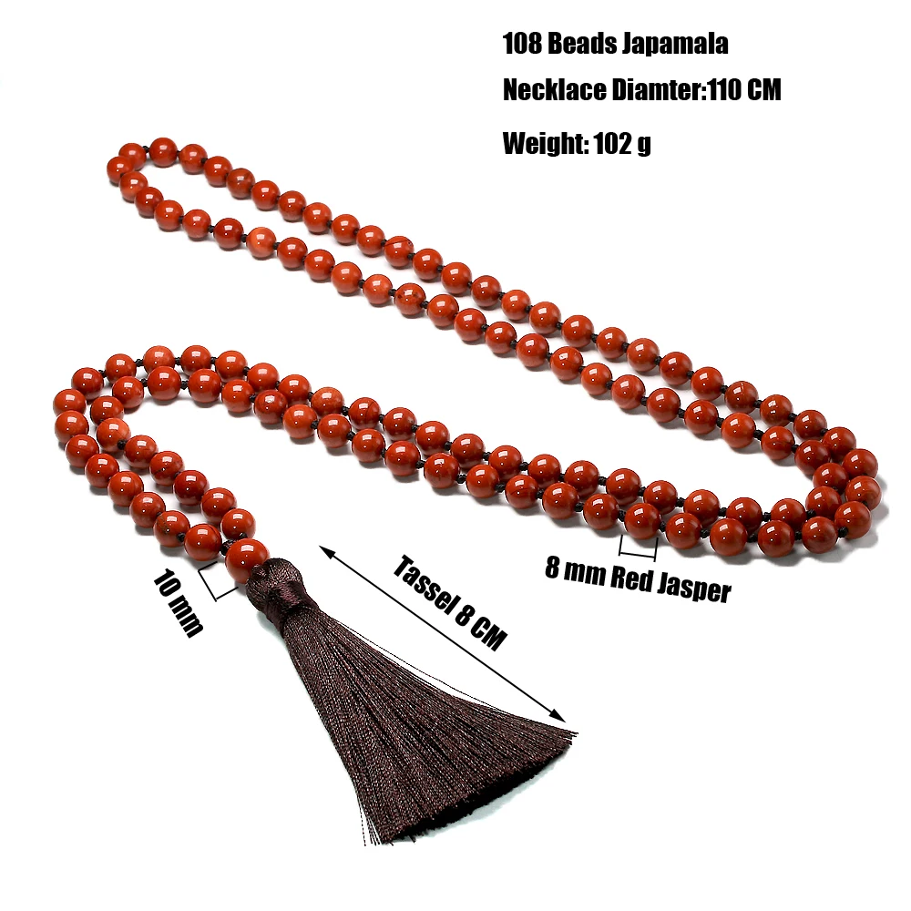 108 Natural Stone Red Jasper Japamala Necklace Mala Knotted For Women Men Meditation Yoga Beads Rosary Tassel Jewerly