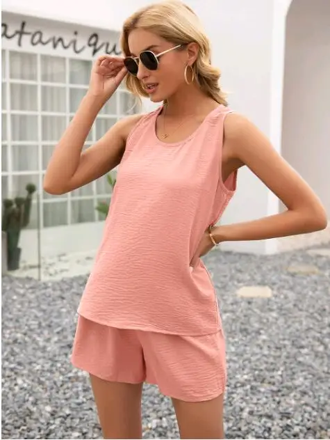 Summer Two Piece Set Women 2022 Chiffon Solid Shorts Sets Vintage Vest Loose T Shirt High Waist Loose Shorts Mujer Sets