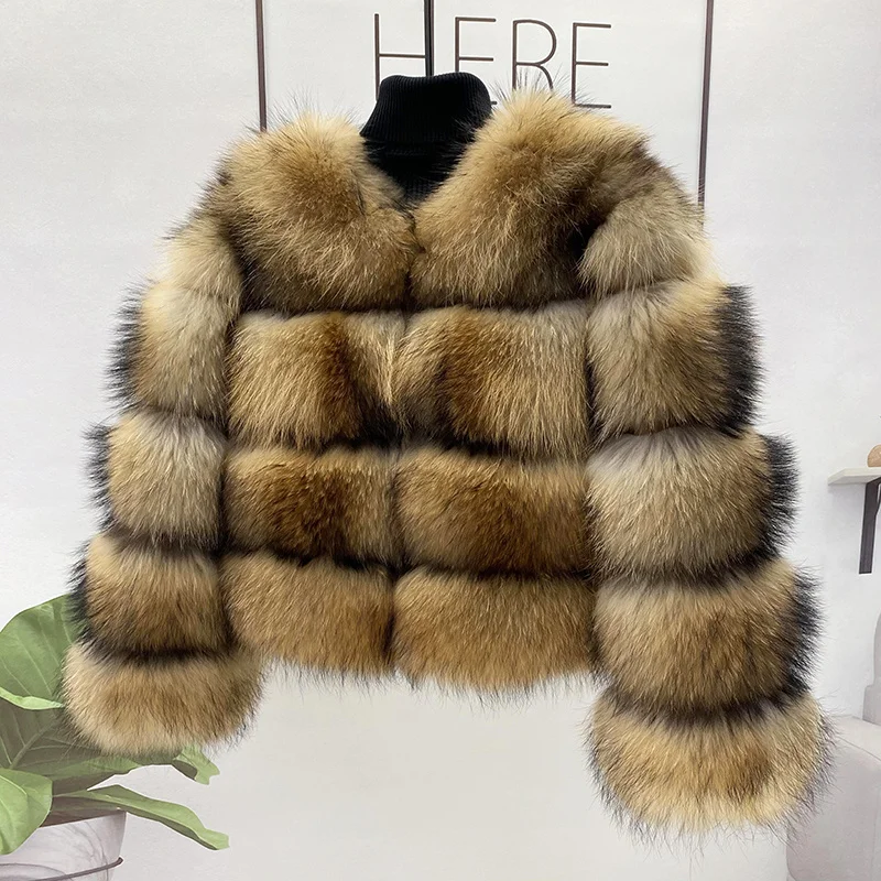 Women Winter Clothes Real Fur Raccoon Round Neck Fur Coat Natural Silver Fox Fur Fluffy Warm Thick Jacket Big Size Female Coats