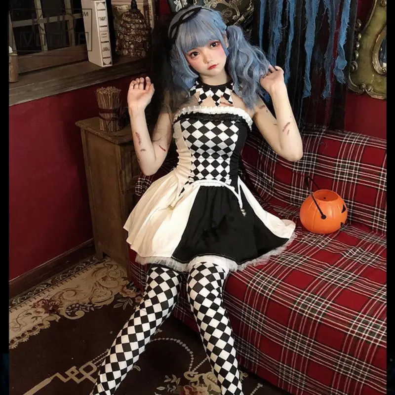 Vestidos góticos sin tirantes para Halloween, ropa de actuación de circo, disfraz de payaso, conjunto de disfraces de Cosplay de cuadrícula en